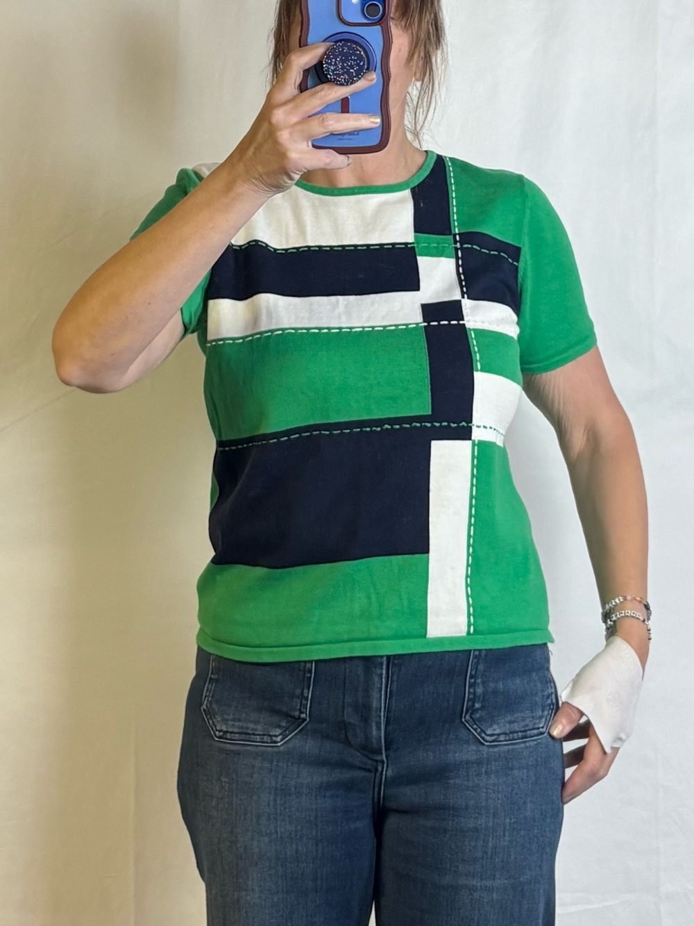 Alfred Dunner Green Navy and White Geometric Short Sleeve Top
